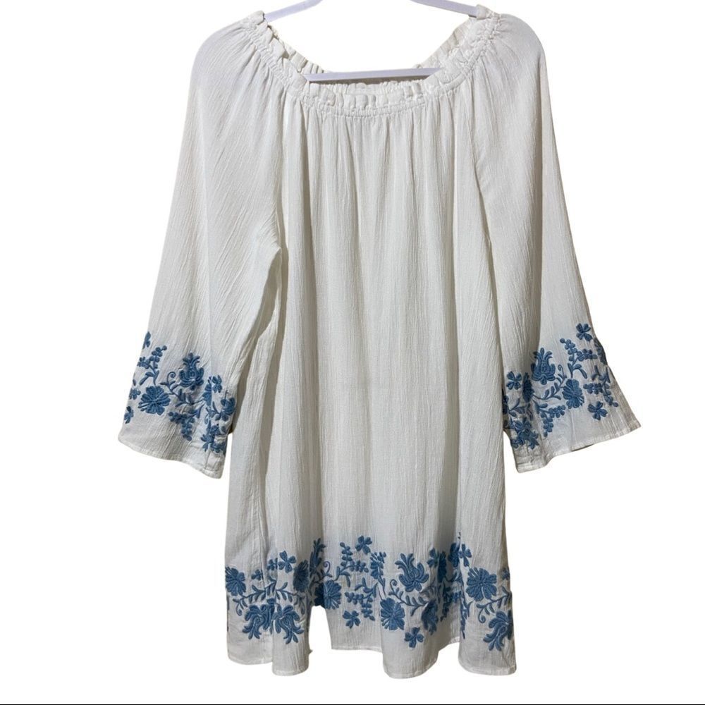 J. Jill White w/ Blue Floral Embroidery Crinkle Boho Tunic - Picture 2 of 7
